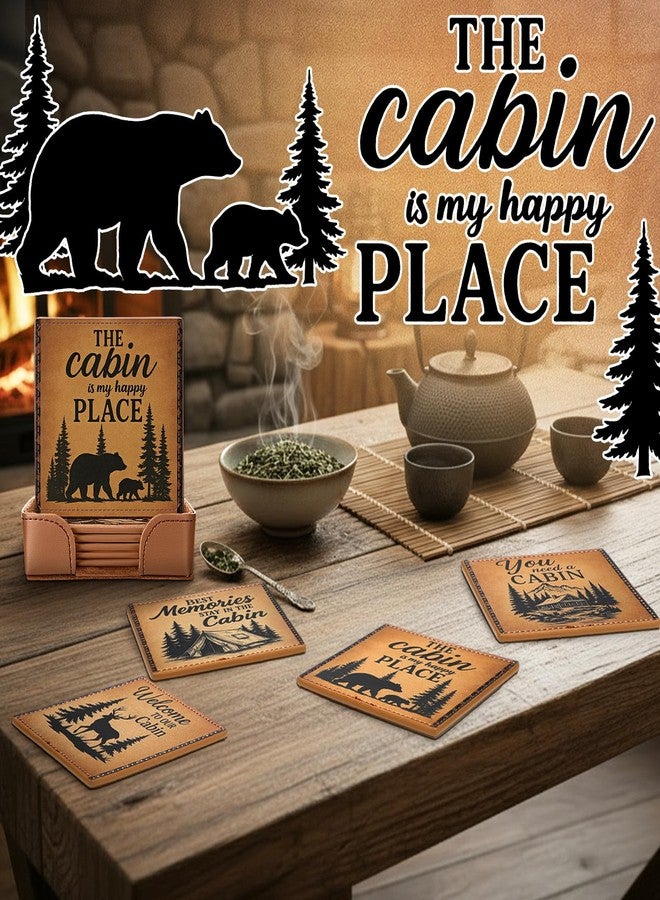 Ferrochef Rustic Cabin Bear Artificial Leather Coasters Set of 6 with Holder Bear Forest Wild Animals Square Leather Drinks Coaster for Farmhouse Country Tabletop Coffee Table Bar Xmas Birthday Gift - Image 4